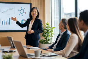 Asian woman scientist in business attire presenting clinical data to a small team in a modern conference room