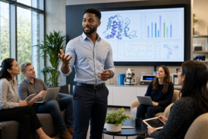 Black male scientist in business-casual attire presenting protein and chart data to attentive colleagues in a modern lab lounge