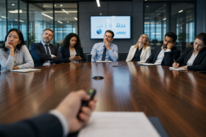 Speaker viewpoint at conference table looking at disengaged listeners