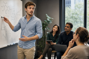 Young white male scientist with light beard practicing a presentation at a whiteboard covered in molecular diagrams in a small breakout room
