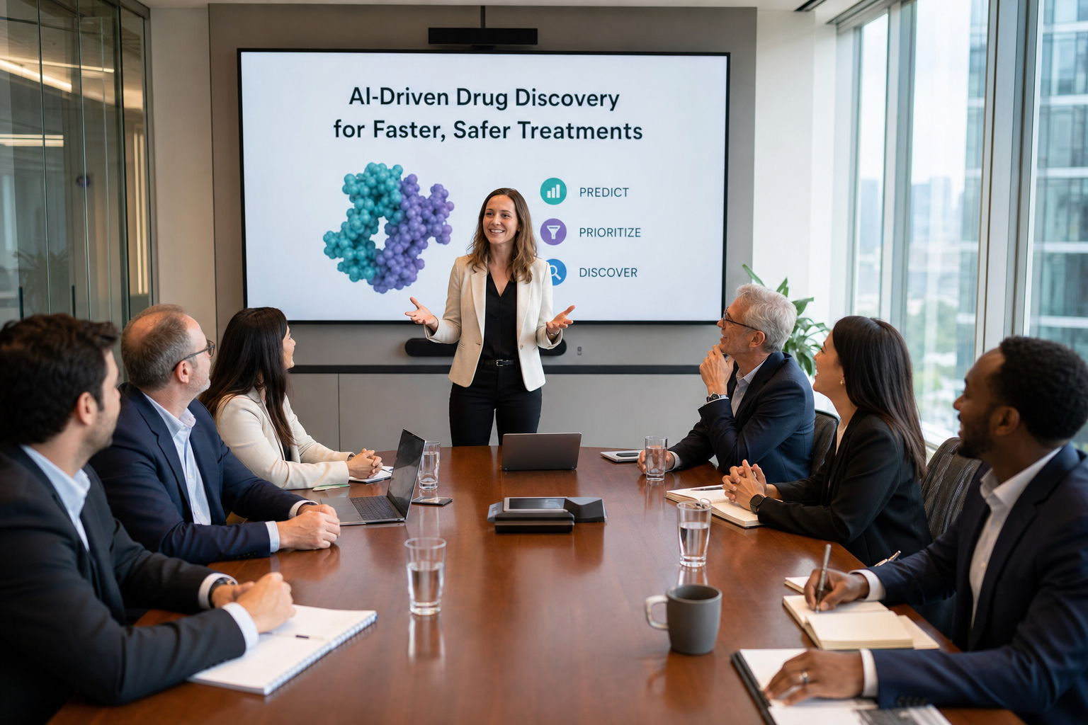 A confident, well-prepared presenter holds an engaged, attentive boardroom