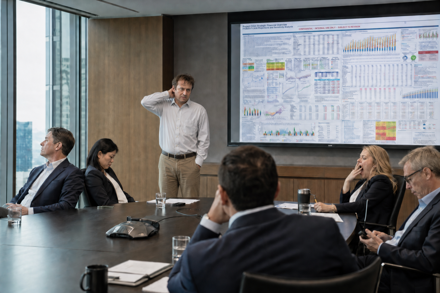 A nervous, under-prepared presenter loses a distracted, bored boardroom