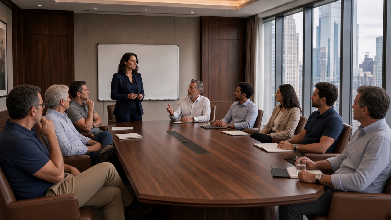 A facilitator guiding a leadership team through a working meeting